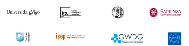 logotyp Universida de Vigo, logotyp Kaunas University of Technology, logotyp National Technical University of Athens, logotyp Sapienza Universita de Roma, logotyp The Open University, logotyp Instituto Superior de Engenharia do Porto, logotyp Gesellschaft für wissenschaftliche Datenverarbeitung mbH Göttingen, logotyp CERN