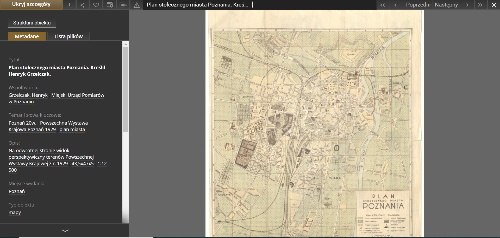 dużych rozmiarów archiwalny plan Poznania odnaleziony w zasobach Federacji Bibliotek Cyfrowych 